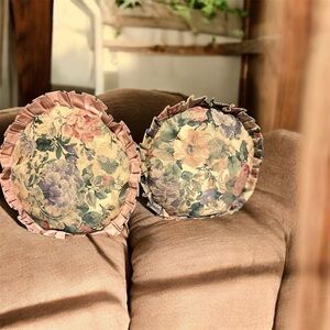 Floral Round Throw Cottagecore Pillows with Ruffle Trim